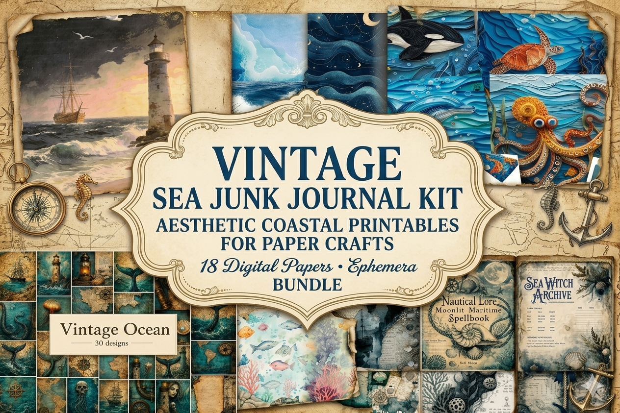 Vintage Sea Junk Journal Kit Aesthetic Coastal Printables for Paper Crafts